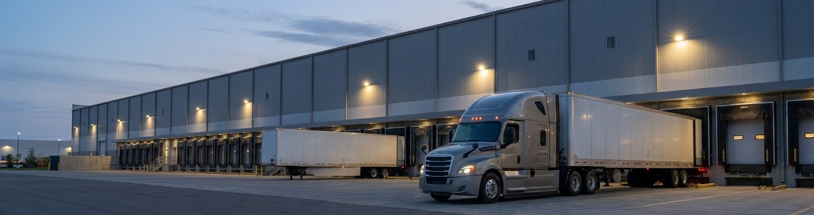 Tractor-trailer backed into a distribution center dock at dusk, warehouse lights illuminating a long row of dock doors