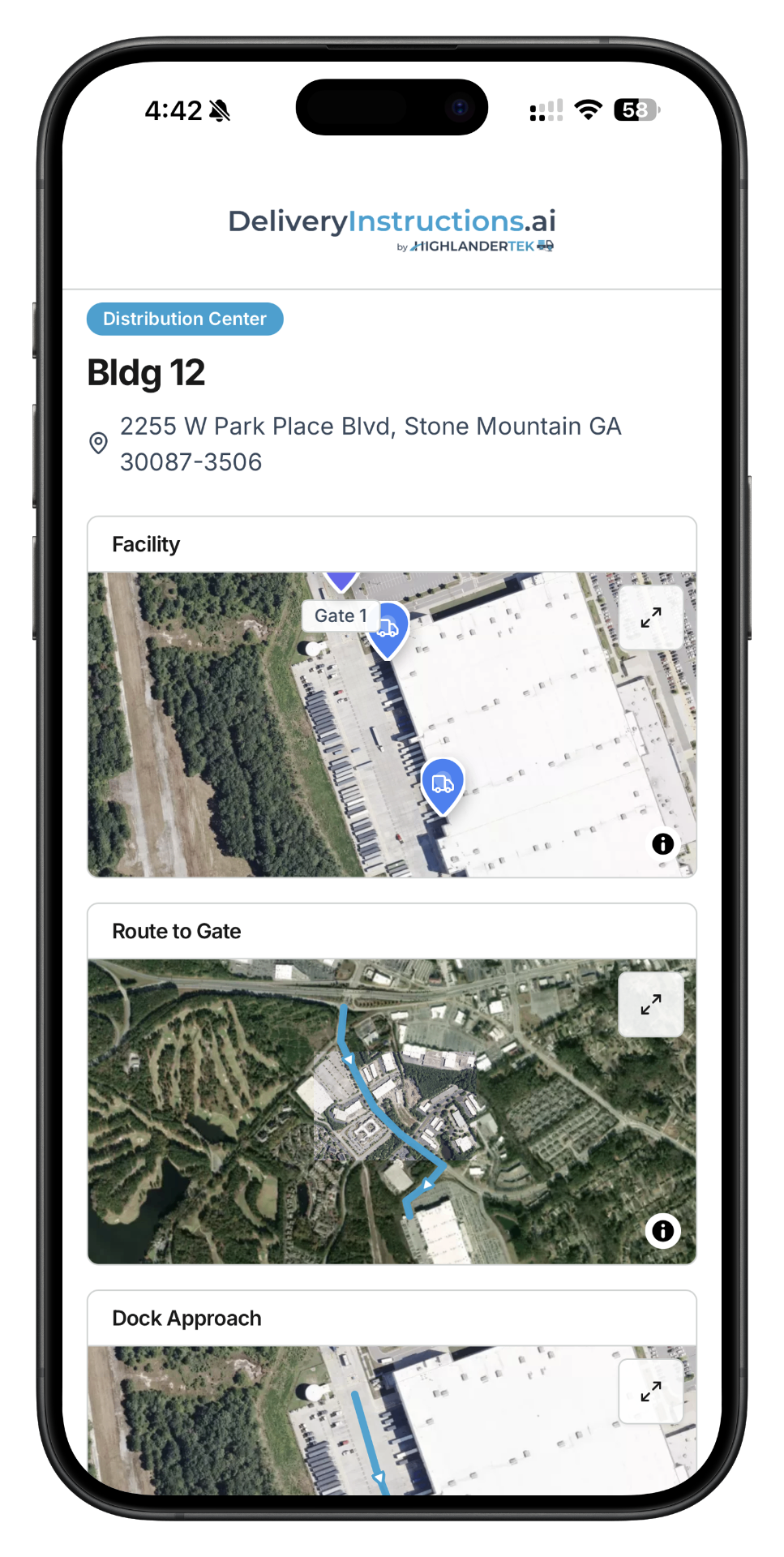 DeliveryInstructions.ai public facility view shown on an iPhone, with a satellite map of labeled gate and dock pins, route to gate, and dock approach